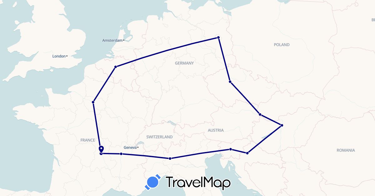 TravelMap itinerary: driving in Belgium, Czech Republic, Germany, France, Croatia, Hungary, Italy, Slovenia, Slovakia (Europe)